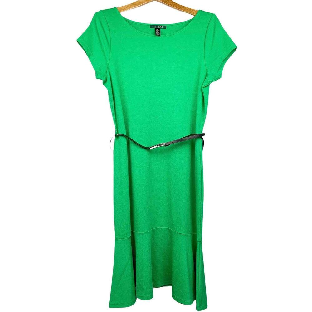 Lauren Ralph Lauren Shamrock Stretch Ponte Knit Ruffle Hem Belted Casual Dress L